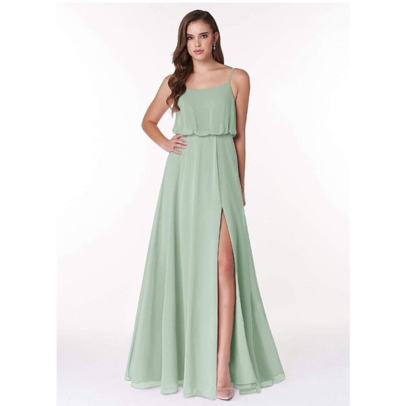 Azazie Lupe Agave Green A-Line Scoop Blouson Chiffon Maxi Bridesmaid Dress A16 - Picture 1 of 12